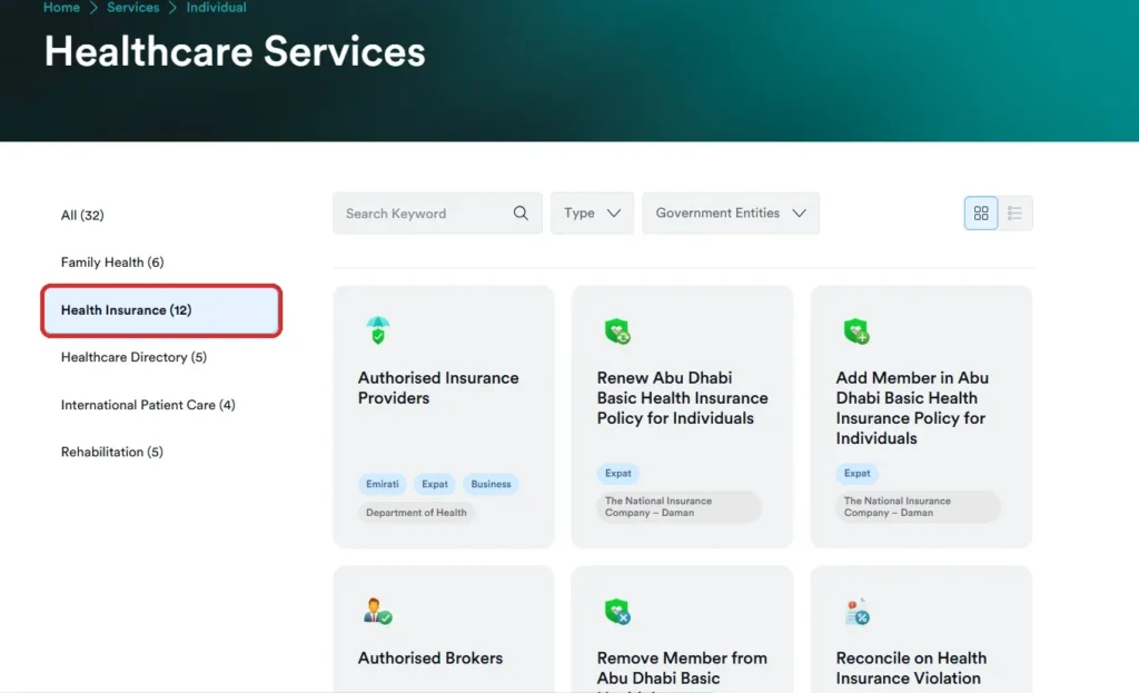 TAMM Healthcare Services page with Health Insurance services highlighted