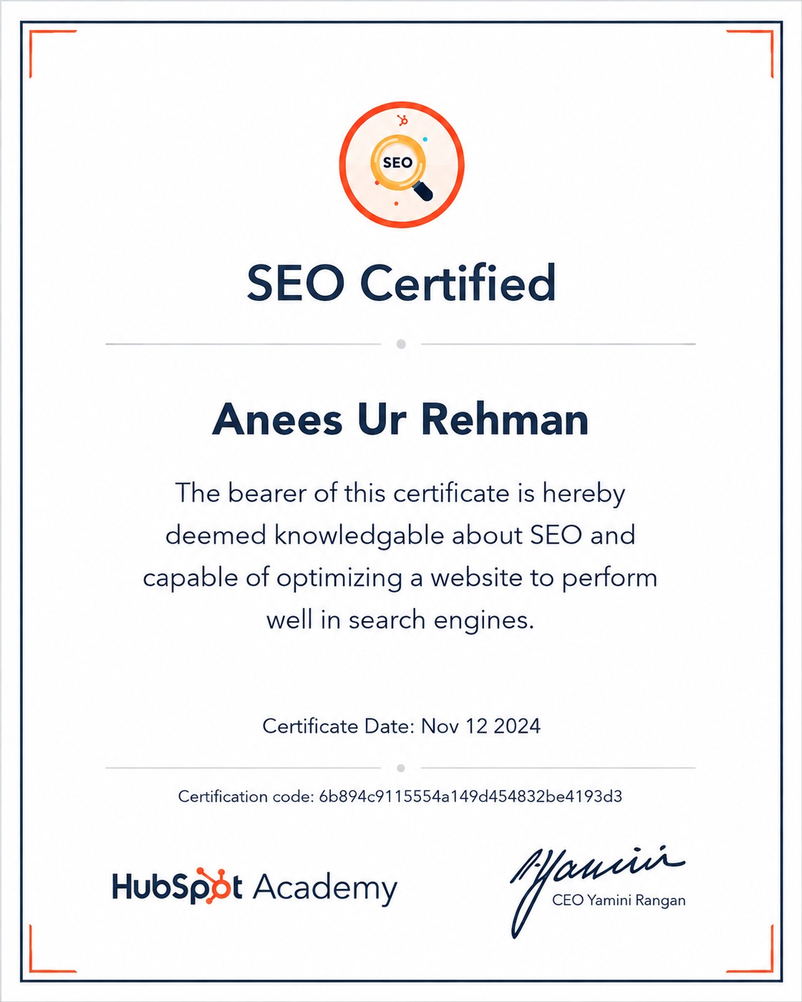 SEO Certified — HubSpot Academy