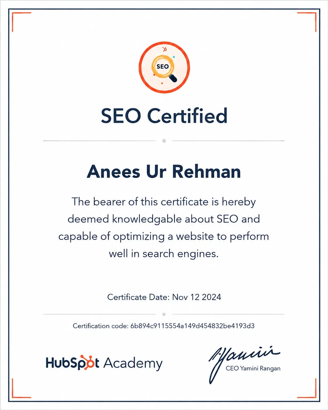SEO Certified — HubSpot Academy
