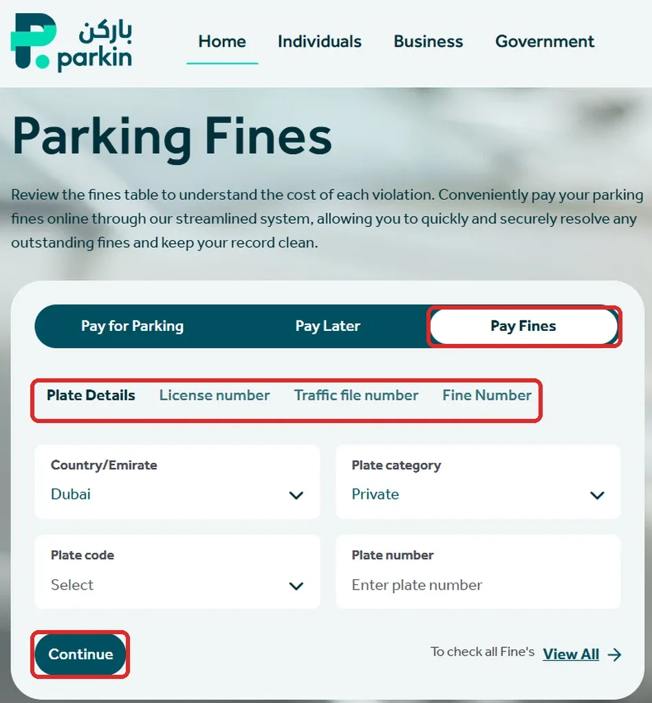 Parkin Pay Fines page with plate details, licence number, traffic file number and fine number search options