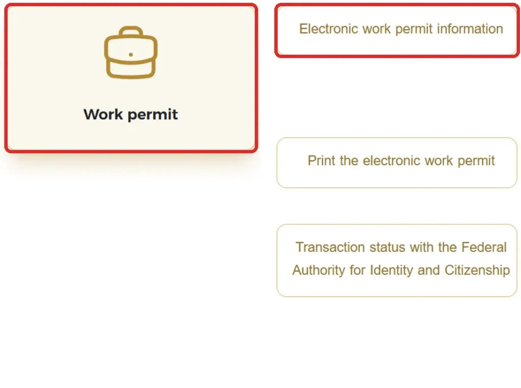 MOHRE inquiry services under Work permit with the Presentation of the notarized employment contract option highlighted