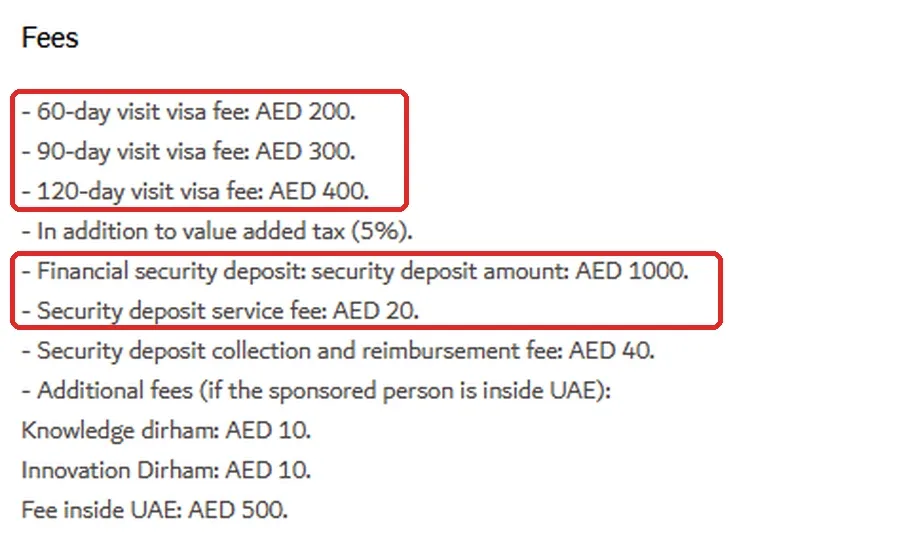 GDRFA Dubai fees for the visit visa to explore business opportunities: AED 200, 300 and 400, plus AED 1,000 security deposit