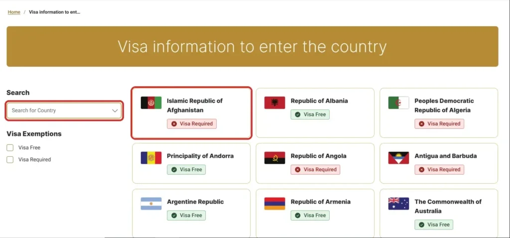 MOFA UAE visa information page showing Afghanistan as Visa Required, not banned