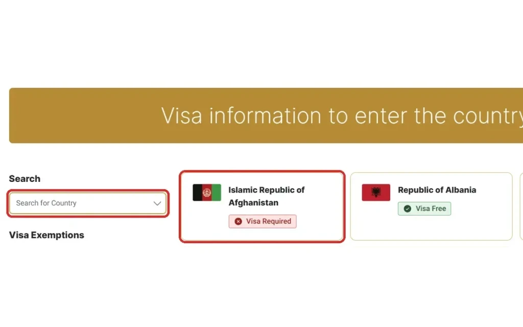 MOFA UAE visa information page listing Islamic Republic of Afghanistan with a Visa Required label