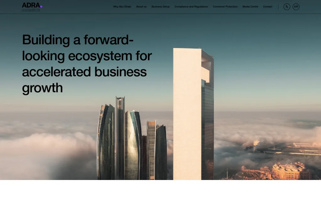 Screenshot of the Abu Dhabi Registration Authority homepage on adra.gov.ae