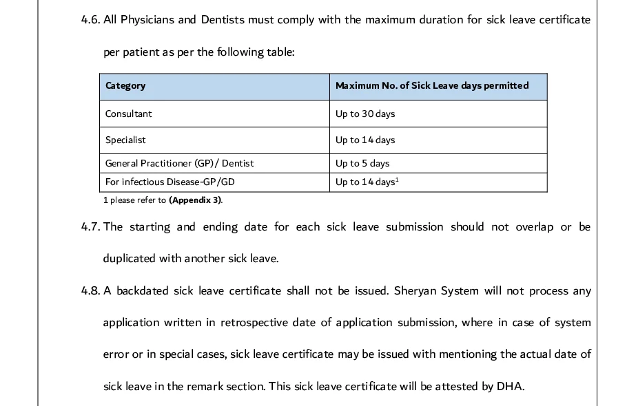 DHA sick leave policy table showing maximum sick leave days for consultants, specialists and GPs in Dubai