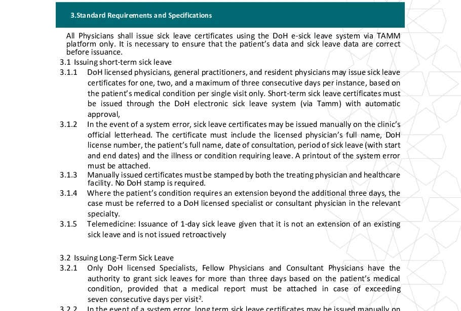 DoH Abu Dhabi sick leave standard requiring certificates through the e-sick leave system on TAMM