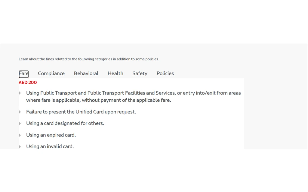 RTA Dubai Metro rules and fines page showing the AED 200 fare category fines