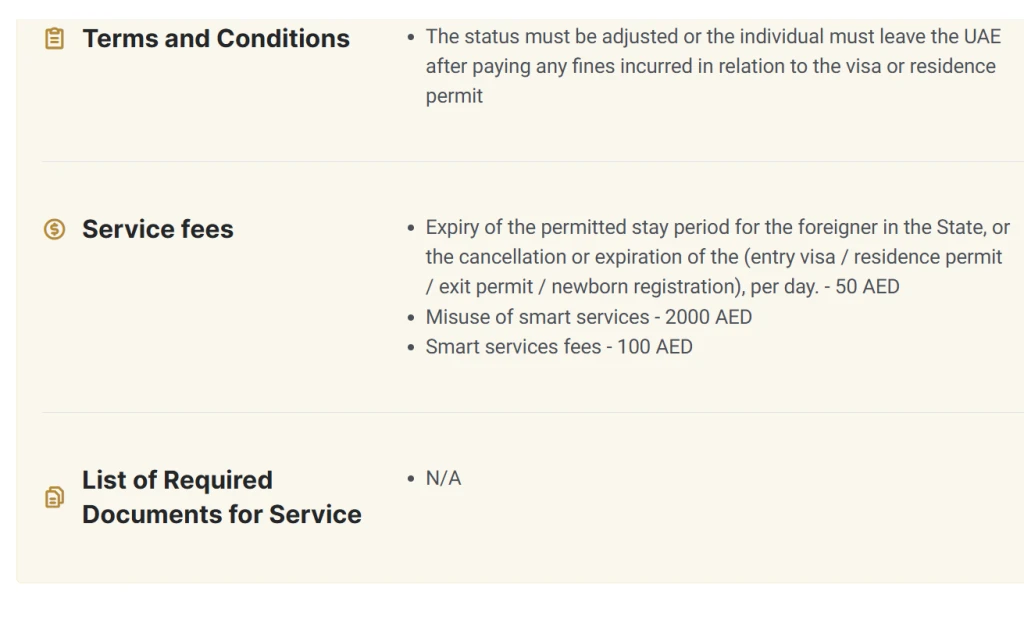 ICP Payment of visa or residence violation fine service page showing the AED 50 per day fine, AED 100 smart services fee and the UAE Pass requirement