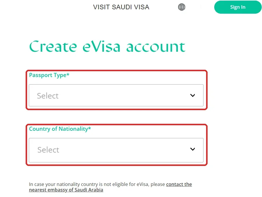Official Saudi eVisa portal Create eVisa account form with passport type and nationality fields