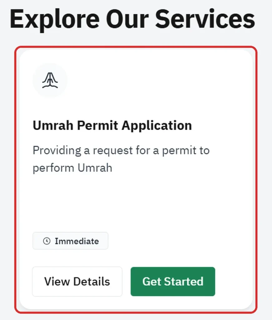 Nusuk platform Umrah Permit Application service with the Get Started button