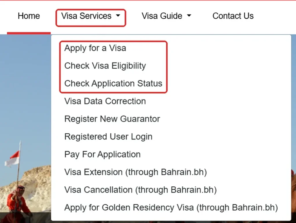 Official Bahrain eVisa portal Visa Services menu showing Apply for a Visa, Check Visa Eligibility and Check Application Status