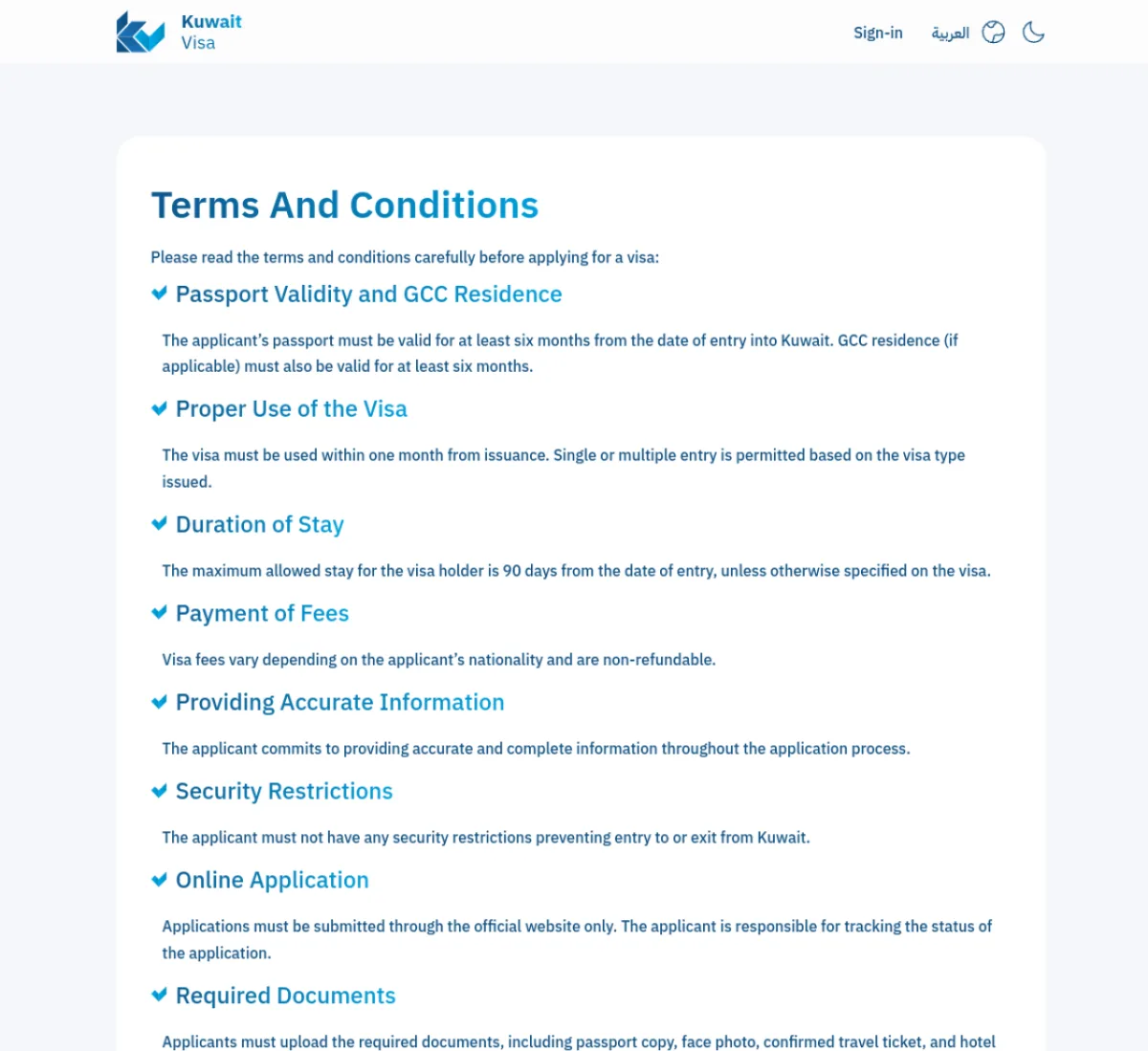 Kuwait Visa platform terms and conditions requiring passport and GCC residence validity of at least six months