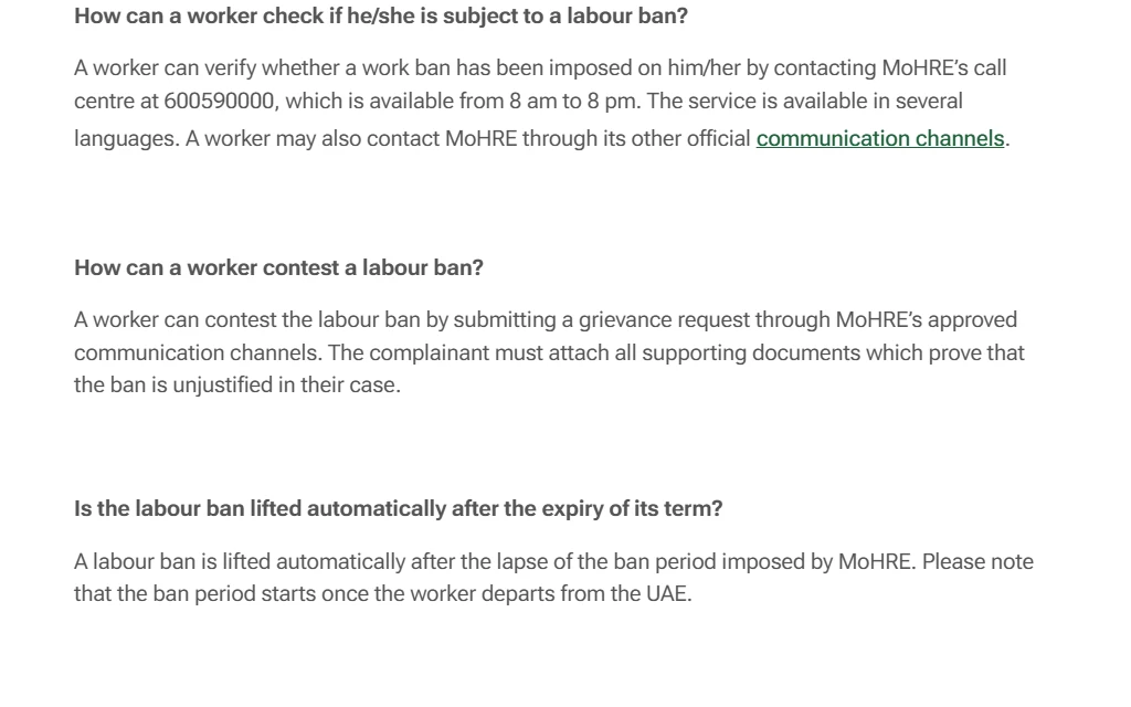 Screenshot of the UAE Government portal explaining how a worker checks a labour ban by calling MOHRE on 600590000