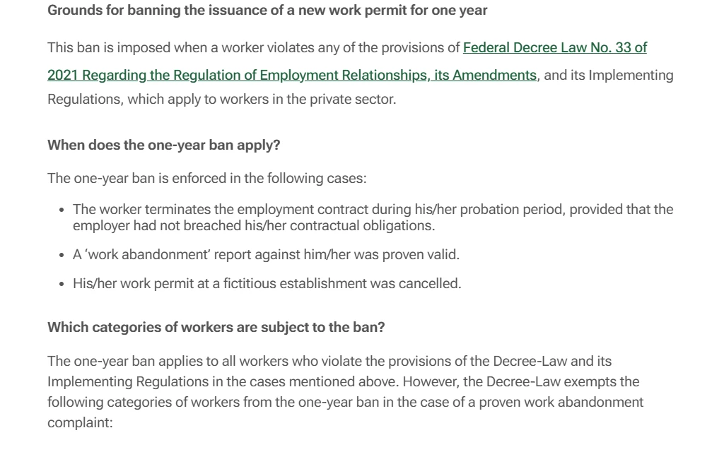 Screenshot of the UAE Government portal page listing the three cases where a one year work permit ban applies
