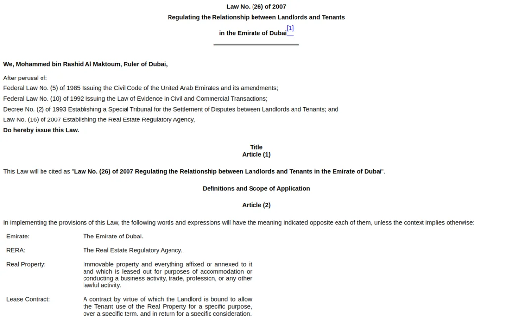 Screenshot of the Law No. 26 of 2007 regulating landlord and tenant relations in Dubai on dlp.dubai.gov.ae