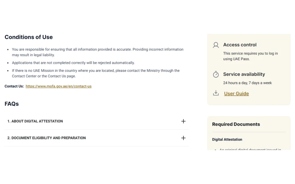 MOFA Documents Attestation service page showing conditions of use, UAE Pass login requirement and 24 hour availability