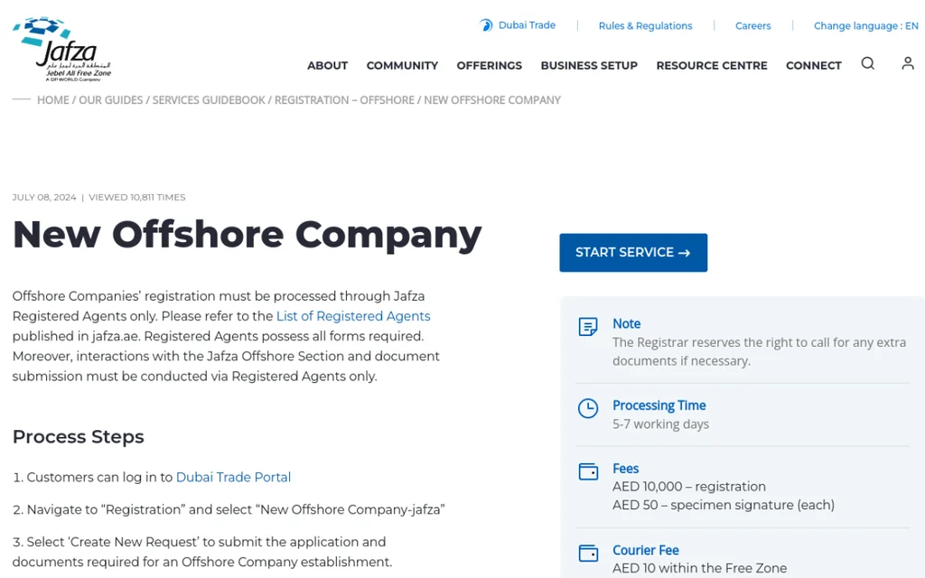 Screenshot of the New Offshore Company guide on jafza.ae