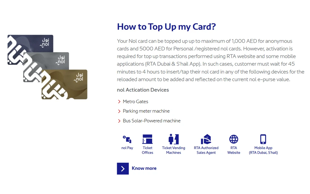 RTA nol How page section explaining nol card top up limits and activation devices
