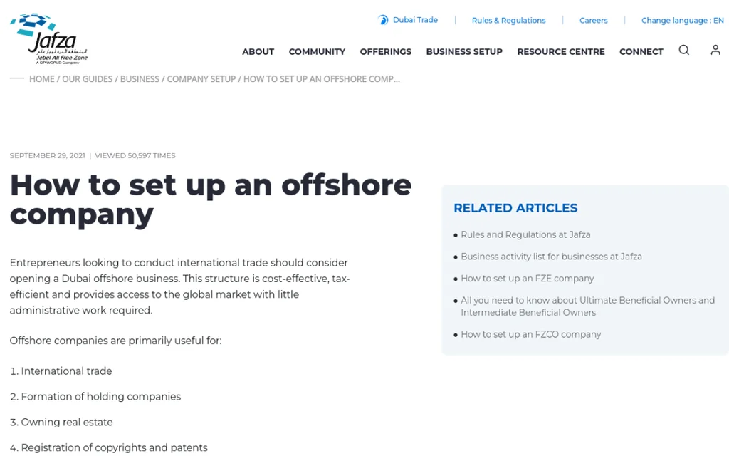 Screenshot of the JAFZA guide to setting up an offshore company on jafza.ae