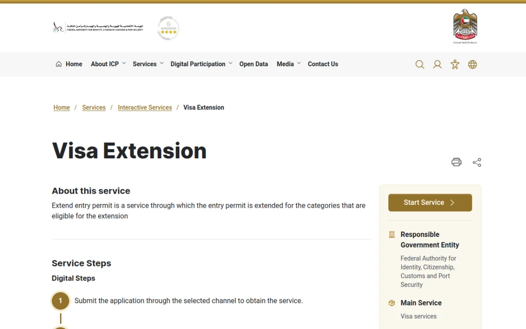 Screenshot of the ICP Visa Extension service page on icp.gov.ae