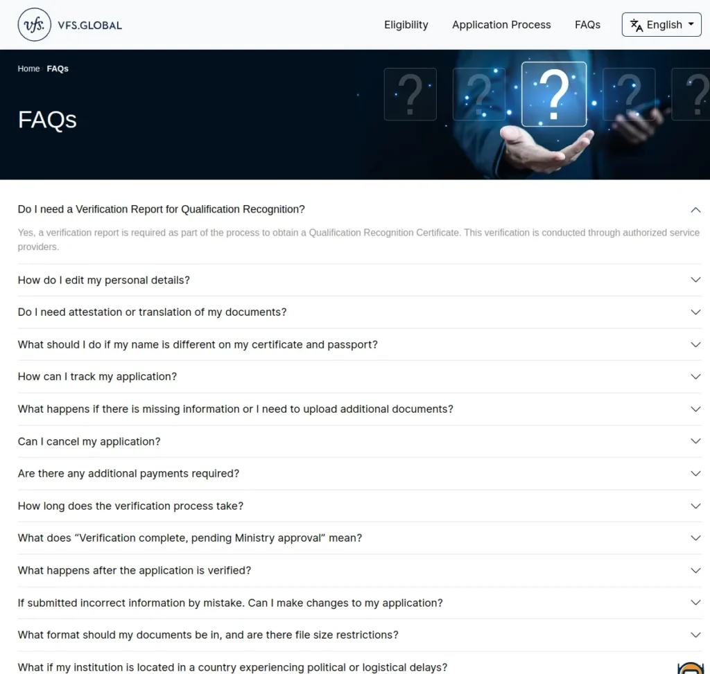 VFS Global MOHESR verification FAQ page covering attestation, name mismatch and verification time