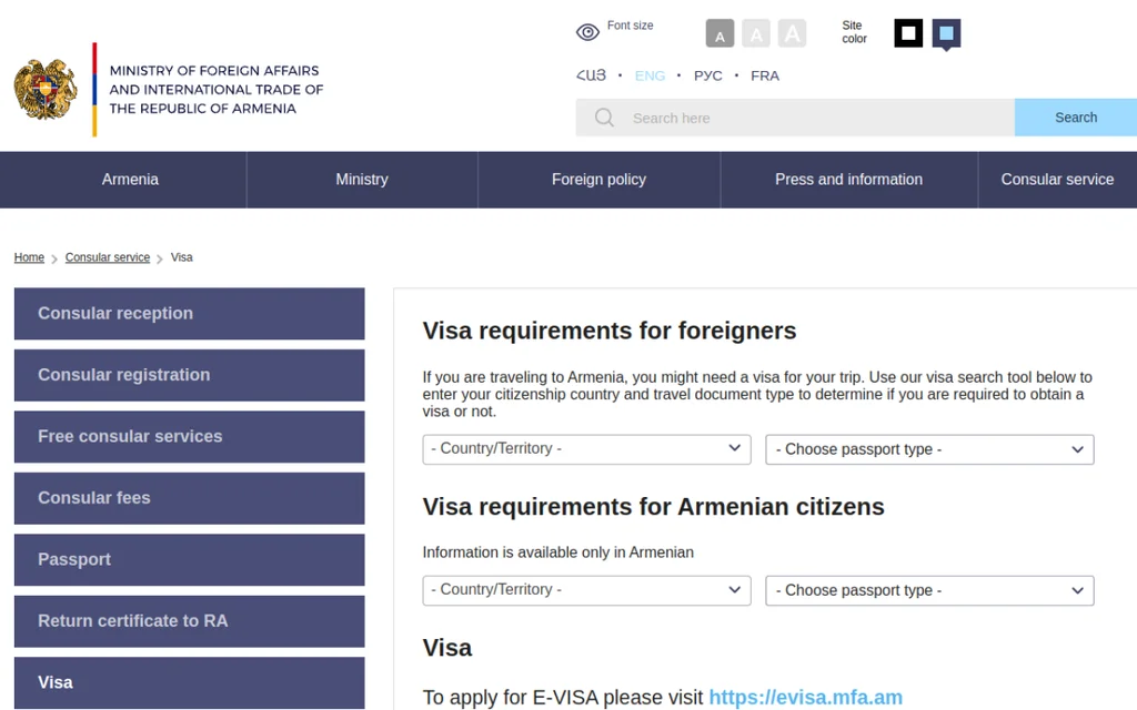 Screenshot of the Visa requirements for foreigners page on mfa.am